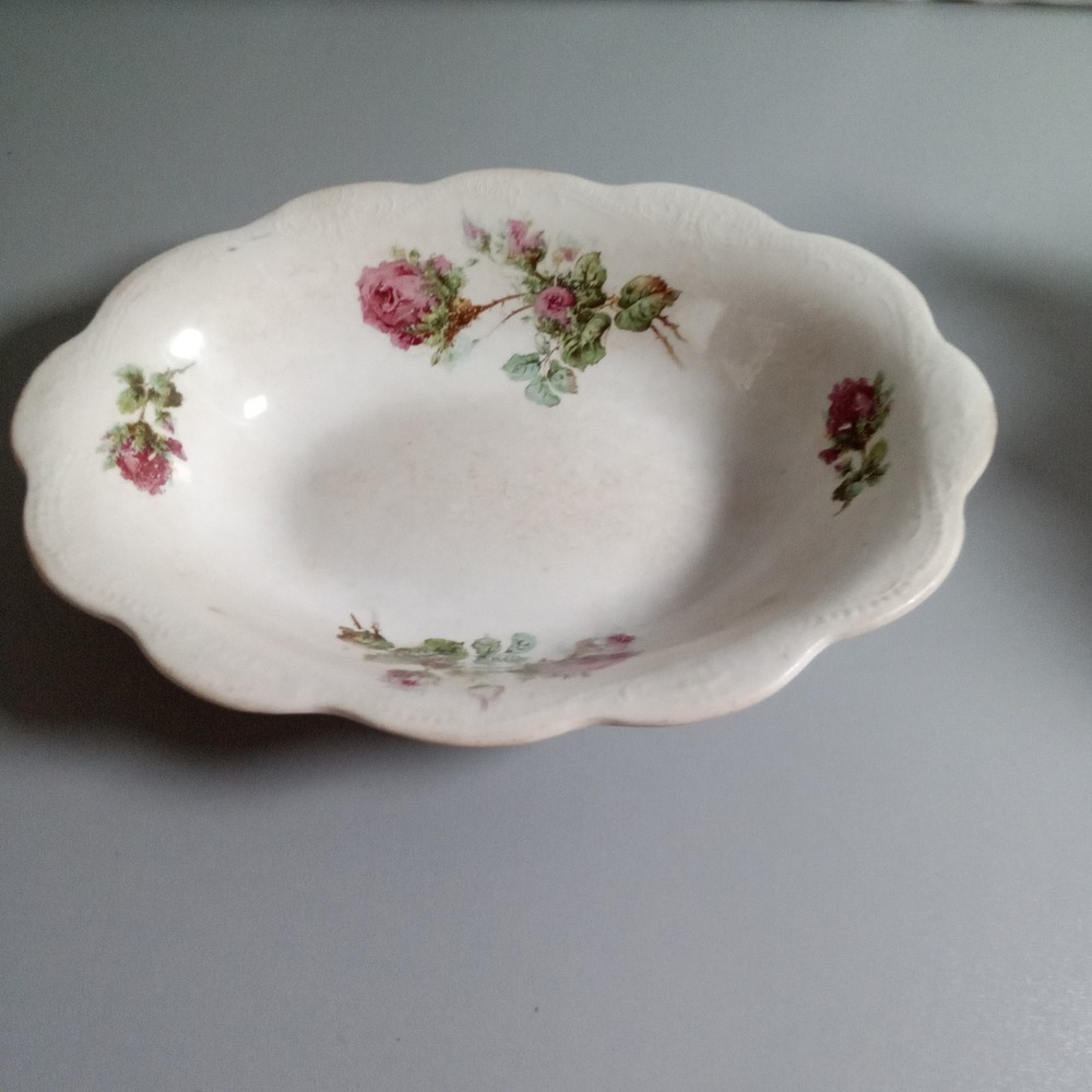 Antique Vodrey China Oval Bowl Pink Rose Floral Scalloped Edge Victorian Decor